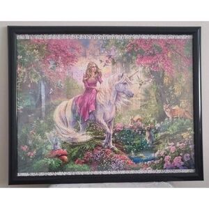 NWOT Unicorn fair maiden fairy forest animal garden jigsaw puzzle framed 20x16
